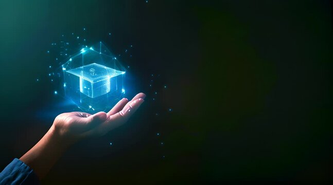A hand holds a virtual education icon with a graduation hat and business graph.