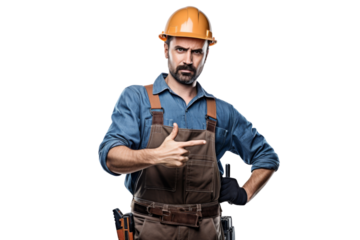 Construction worker with safety helmet and tool belt pointing at camera Isolated on white background