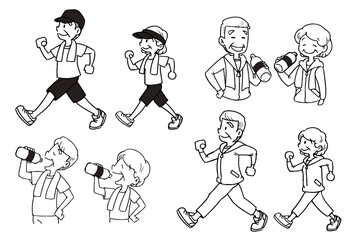 シニアの男女_夫婦でウォーキングと水分補給をするイラスト_白黒