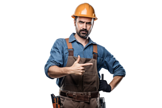 Construction worker with safety helmet and tool belt pointing at camera Isolated on white background