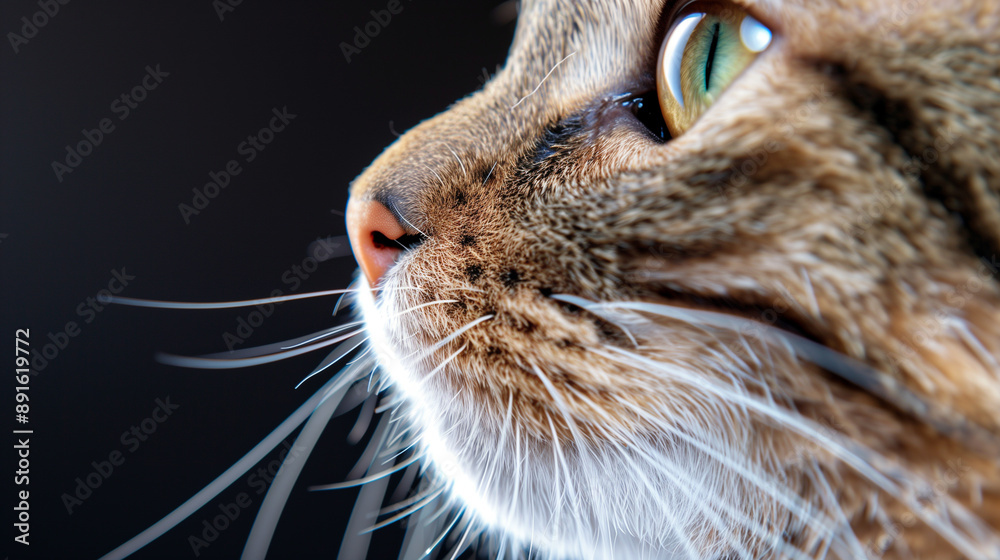 Wall mural Close-up part of a tabby cat's face and whiskers against a black background