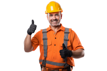 Construction worker with safety helmet and tool belt giving thumbs up Isolated on white background