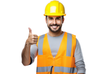 Construction worker with safety helmet and tool belt giving thumbs up Isolated on white background