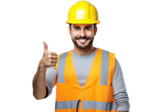 Construction worker with safety helmet and tool belt giving thumbs up Isolated on white background