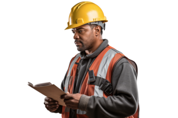 Construction worker with safety helmet and tool belt looking at plans Isolated on white background
