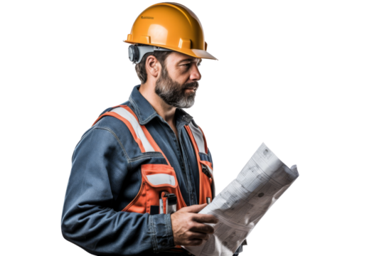 Construction worker with safety helmet and tool belt looking at plans Isolated on white background