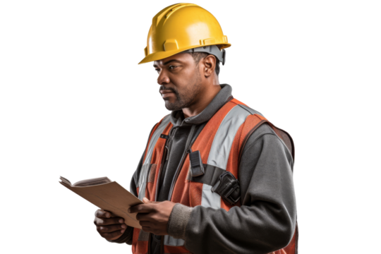 Construction worker with safety helmet and tool belt looking at plans Isolated on white background