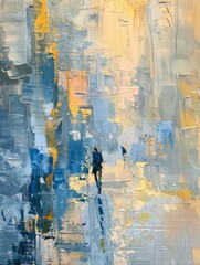 Fototapeta premium A single person walks down a street in a city, painted in abstract strokes of blue, yellow, and white