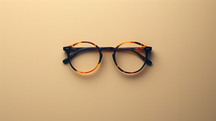 A minimalist image featuring tortoiseshell glasses centered against a beige background. The simple and stylish design highlights the classic round frames and elegant color pattern.