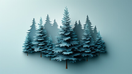 Blue evergreen trees arranged in a minimalist, layered design against a light blue background. The trees vary in size, creating a sense of depth and tranquility.
