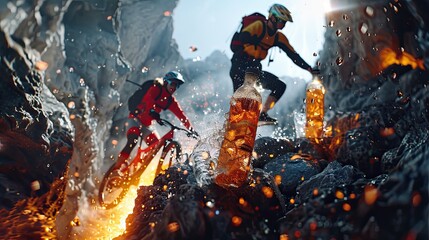 Two mountain bikers traverse rugged, wet terrain, with splashing beverages emphasizing the intensity and adventure of the outdoor experience..