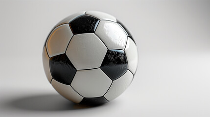 A high-resolution digital image of a classic black and white soccer ball placed on a light grey background. The detailed texture and glossy finish of the ball are highlighted, emphasizing its iconic d