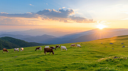 Cows grazing on hill at sunset