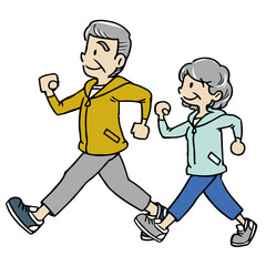 シニアの男女_夫婦でウォーキングをするイラスト