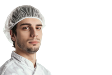 Confident worker in a food processing factory wearing a uniform and hairnet Isolated on white background