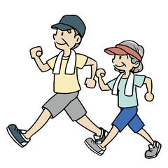 シニアの男女_夫婦でウォーキングをするイラスト