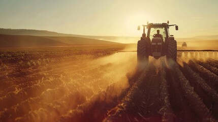 Fototapeta premium Tractor plowing a field at sunrise, dust rising in the light