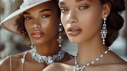 Two glamorous models showcasing exquisite diamond earrings and necklaces, set in an opulent, chandelier-lit setting..