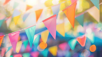 Vibrant pennant flags hanging outdoors, creating a festive atmosphere with bokeh lights in the background, perfect for celebrations..