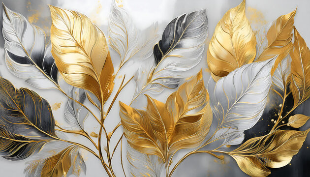 modern painting golden silver tree leaves suitable wall art home decor