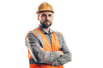 Asian male foreman standing isolated on white background.