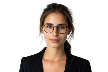 Obraz premium Confident female executive wearing glasses, looking at camera, isolated on white background