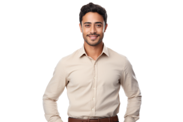 Confident ethnic man with short hair in business casual outfit Isolated on white background