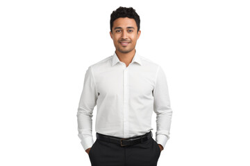Confident ethnic man with short hair in business casual outfit Isolated on white background
