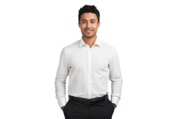 Confident ethnic man with short hair in business casual outfit Isolated on white background