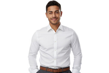 Confident ethnic man with short hair in business casual outfit Isolated on white background