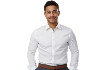 Confident ethnic man with short hair in business casual outfit Isolated on white background
