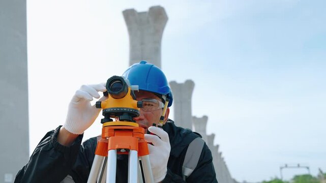 Engineer or technician is inspecting and surveying the construction of bridge piers to build a transportation system, engineering concept, construction, infrastructure system.
