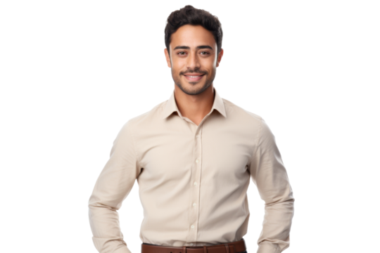 Confident ethnic man with short hair in business casual outfit Isolated on white background