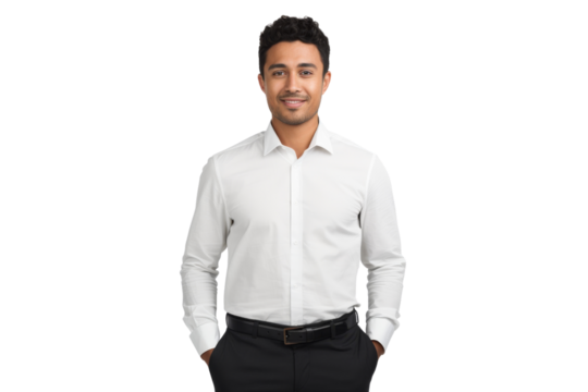 Confident ethnic man with short hair in business casual outfit Isolated on white background