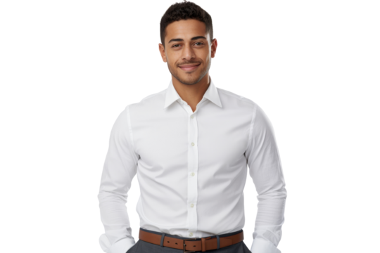 Confident ethnic man with short hair in business casual outfit Isolated on white background