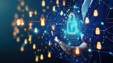 Digital representation of cybersecurity with glowing locks and network nodes, emphasizing data protection, internet security, and secure connections..