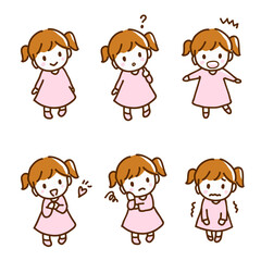Cute girl illustration set Hand-drawn line drawing Laughing, annoyed, surprised, fluttering, troubled, patient