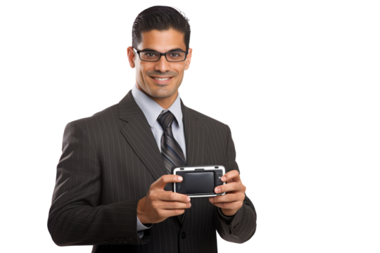A cheerful man in business attire engages in a handheld video game isolated on a white background