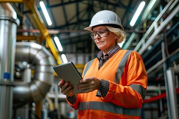 A female engineer wearing a hard hat and safety vest uses a tablet in an industrial facility, focusing on technical management and operations..