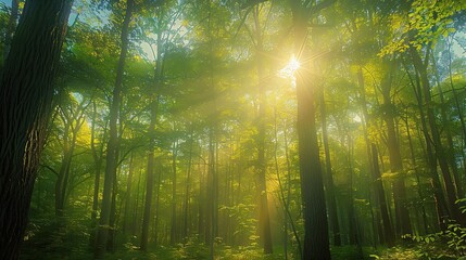 Obraz premium Golden sunlight filters through the dense forest canopy, illuminating the lush green foliage and creating a serene, natural atmosphere..