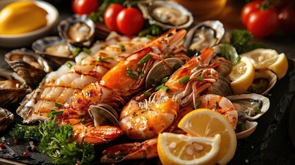 A delicious seafood platter featuring grilled shrimp, clams, and mussels with lemon and parsley, perfect for gourmet cuisine enthusiasts.