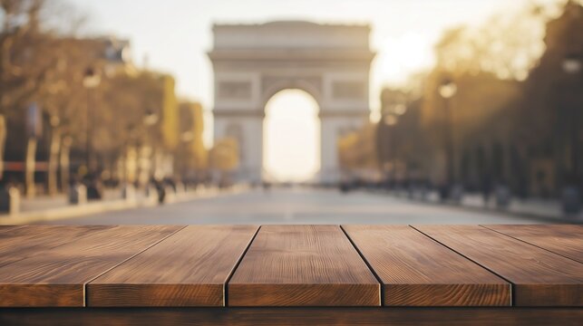 close up of rustic empty wooden table with blurred Arc De Triomphe background