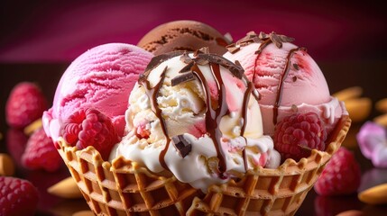 Delicious scoops of ice cream with chocolate drizzle and fresh raspberries in a waffle bowl, perfect for a sweet treat on a sunny day.