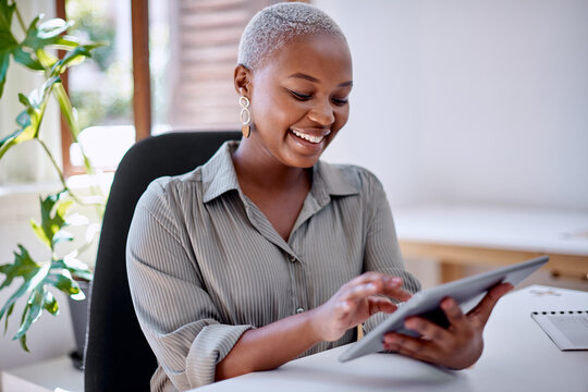 Working, black woman and tablet with ideas as intern, junior and financial advisor in insurance company. Female person, serious and tech in office, building or firm as professional in business or job
