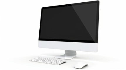 Minimalist desktop computer setup with large display, wireless keyboard, and mouse. Clean and modern design suitable for office or creative workspace.