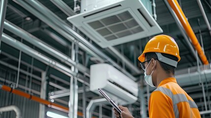 Technicians wearing orange uniforms and yellow helmets inspect large industrial air conditioning units installed outside a building..