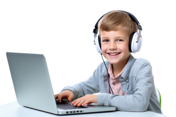 Child attending virtual class at home with headphones Isolated on white background