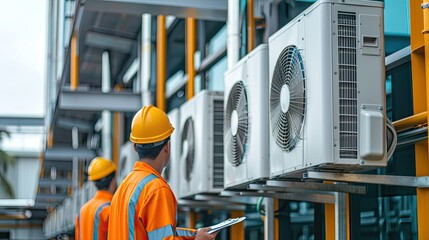 Technicians wearing orange uniforms and yellow helmets inspect large industrial air conditioning units installed outside a building..