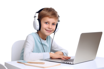 Child attending virtual class at home with headphones Isolated on white background