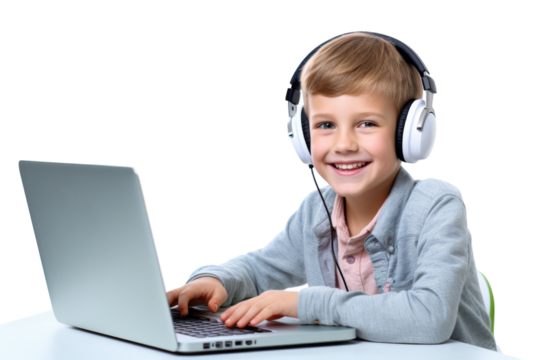 Child attending virtual class at home with headphones Isolated on white background